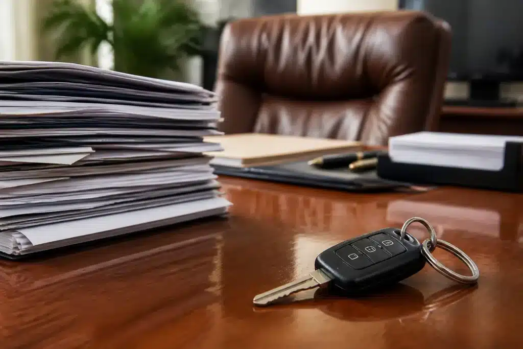 Documenti parlamentari e auto su scrivania amministrativa