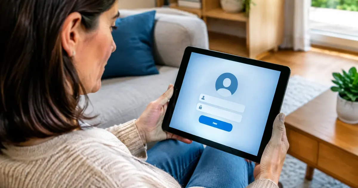 Genitore consulta schermata login su tablet con credenziali digitali richieste