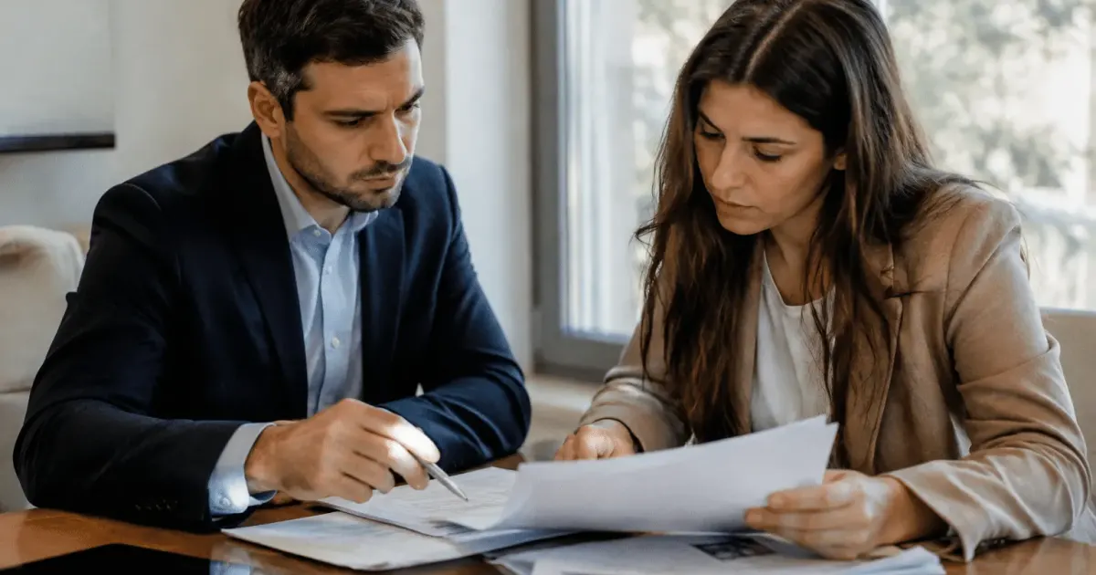 due agenti immobiliari confrontano documenti con cifre diverse in tavolo