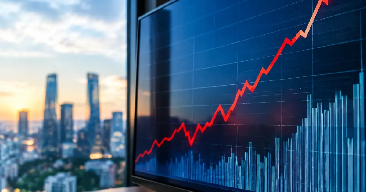 Grafico finanziario con linea rossa in ascesa verticale sopra livelli di riferimento