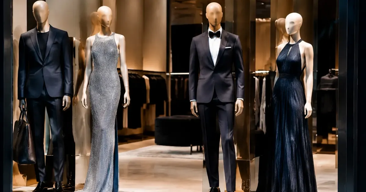 Vetrina Armani con eleganti abiti esposti su manichini illuminati