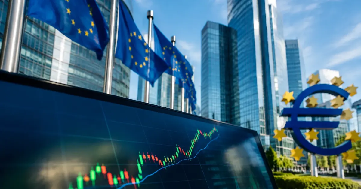 Grafici finanziari in crescita con banche europee sullo sfondo