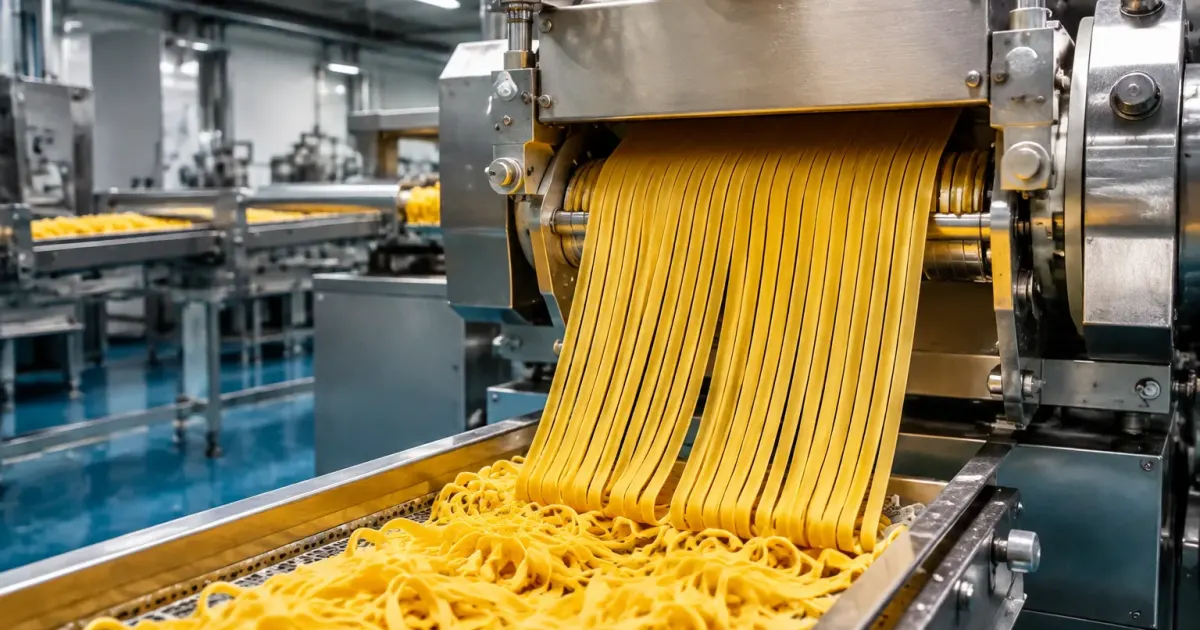 Stabilimento industriale moderno con macchinari per produzione pasta in funzione