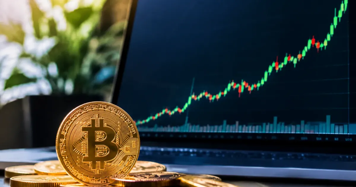 Grafico di criptovaluta con linea ascendente che raggiunge picco massimo