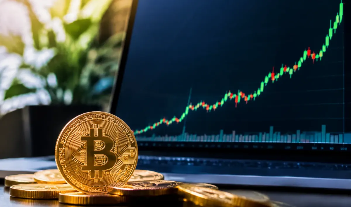 Grafico di criptovaluta con linea ascendente che raggiunge picco massimo