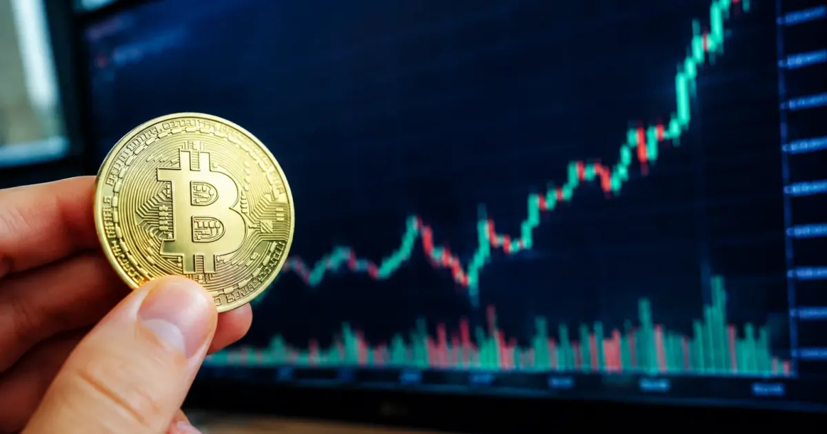 Schermo digitale mostra quotazione Bitcoin salendo verso ottantacinquemila dollari