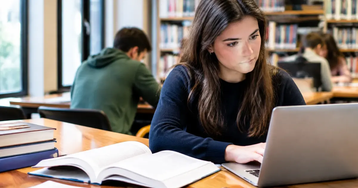 Studenti presso scrivania con libri e computer portatile aperti