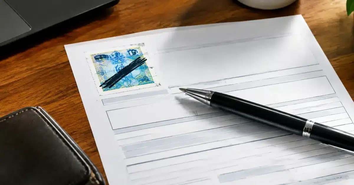Documento bollo auto su scrivania con penna accanto, parzialmente barrato