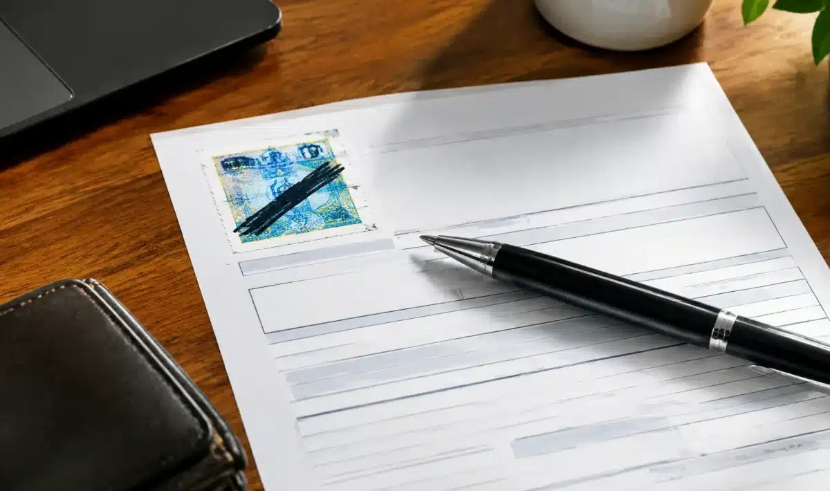 Documento bollo auto su scrivania con penna accanto, parzialmente barrato