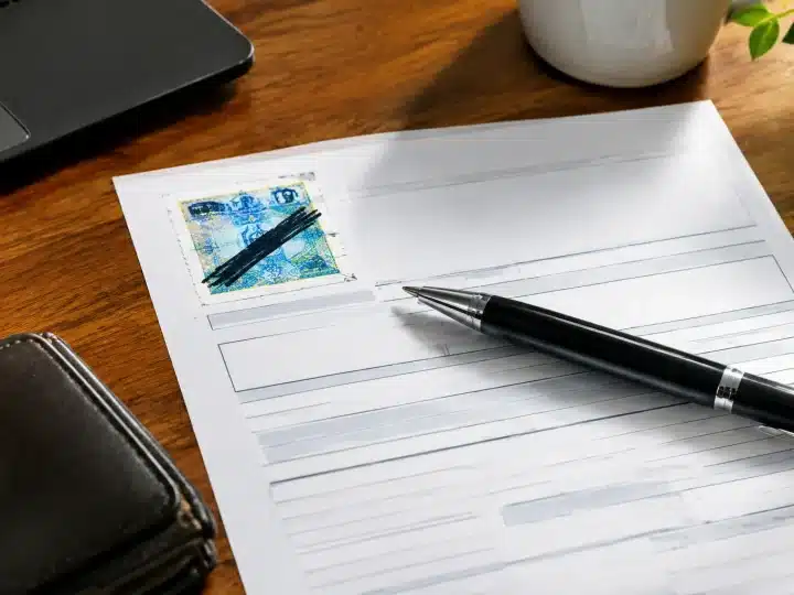 Documento bollo auto su scrivania con penna accanto, parzialmente barrato