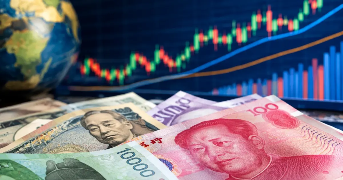 Grafici finanziari in ascesa con valute asiatiche in primo piano
