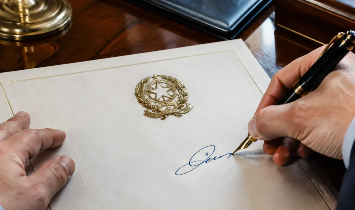 Documento ufficiale con stemma dello Stato e firma bancaria su scrivania
