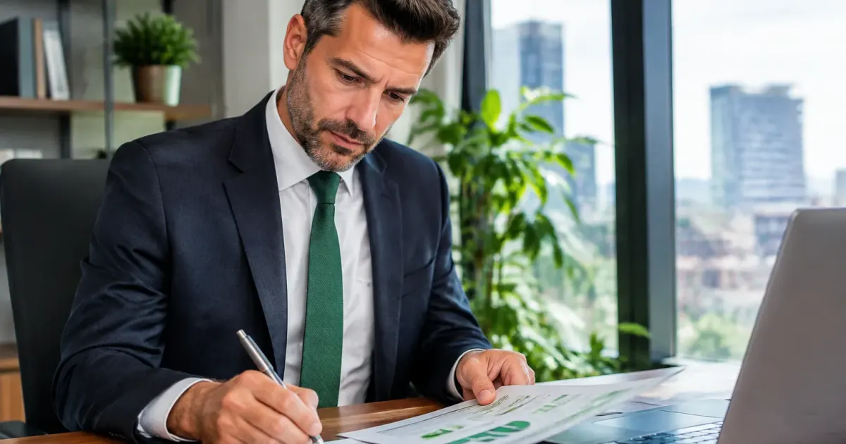 Banchiere firma documenti finanziari verdi davanti computer