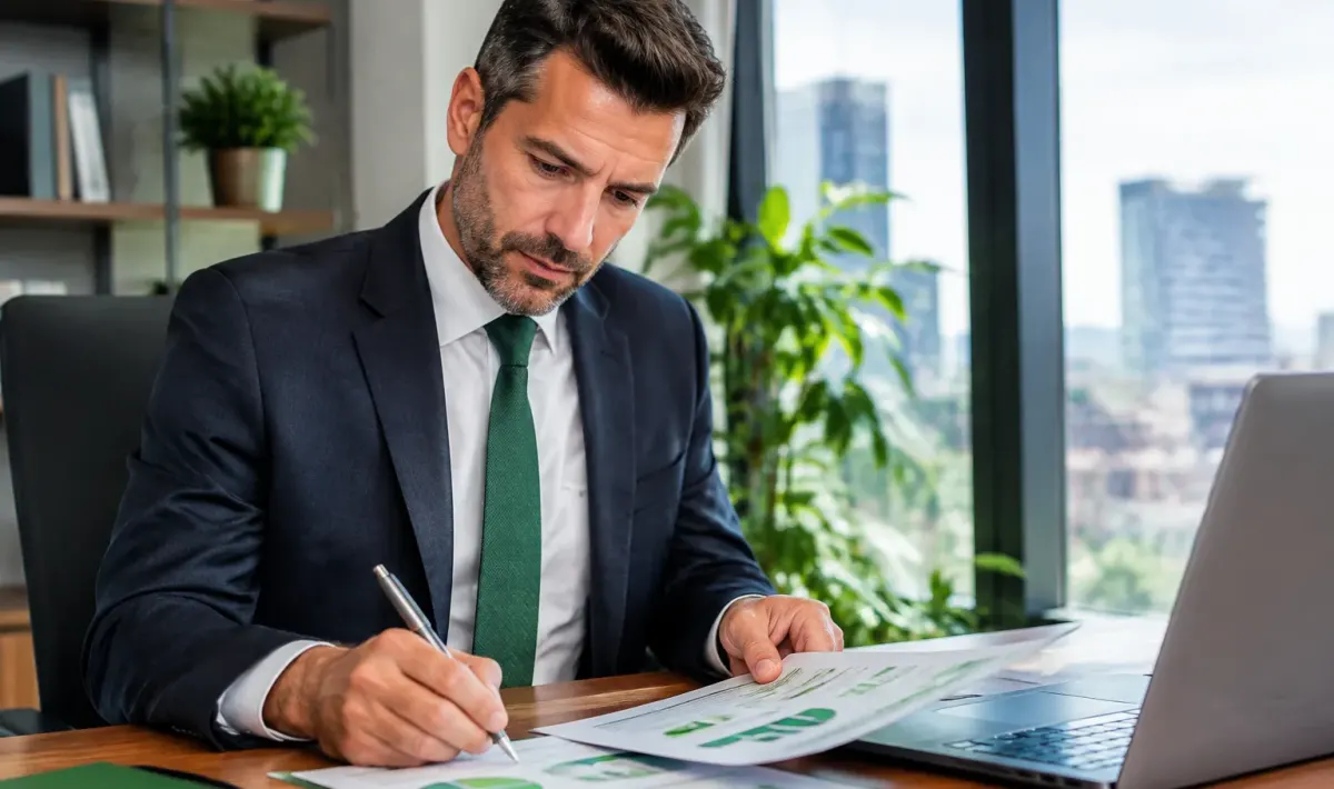 Banchiere firma documenti finanziari verdi davanti computer