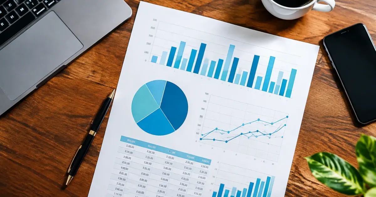 Documento finanziario con numeri e grafici su tavolo in legno