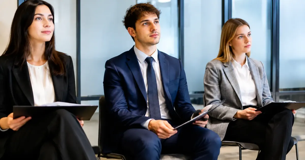 Candidati seduti attendono colloquio presso banco di reclutamento