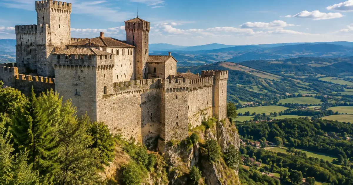 Castello medievale in pietra con torrioni, affacciato su vallata italiana