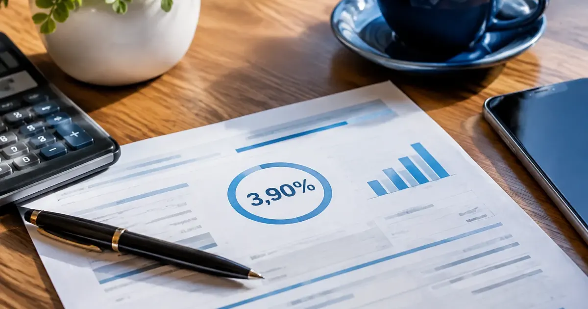 Documento bancario con percentuale 3,90 visualizzato su scrivania
