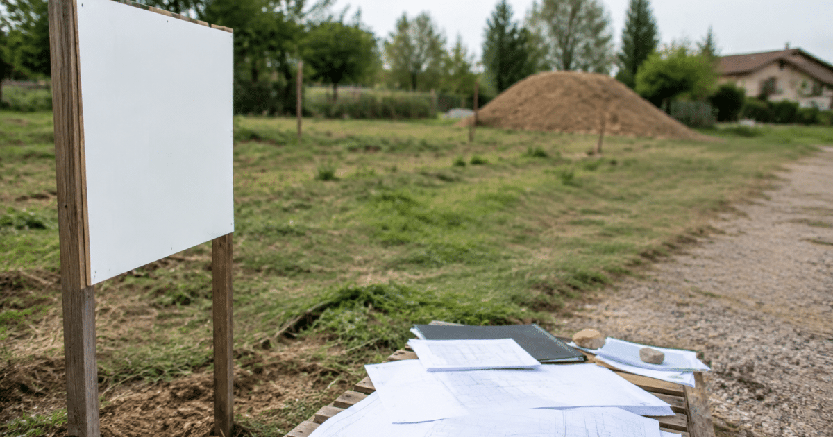 Terreno con cartelli prezzi e documenti costruzione sparsi