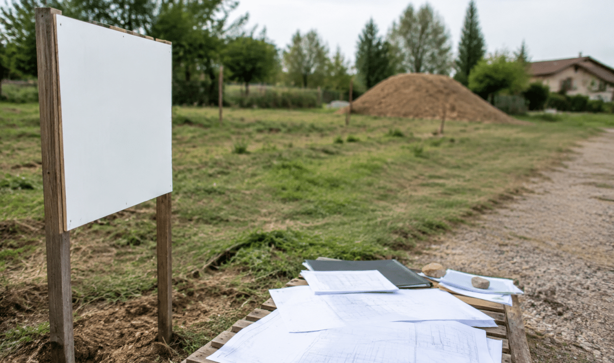 Terreno con cartelli prezzi e documenti costruzione sparsi