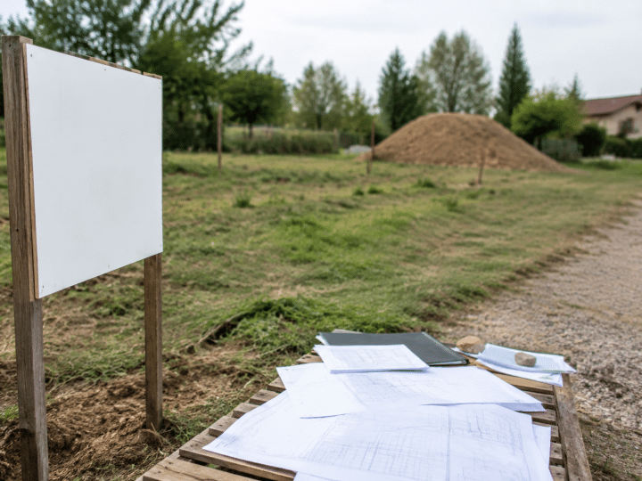 Terreno con cartelli prezzi e documenti costruzione sparsi