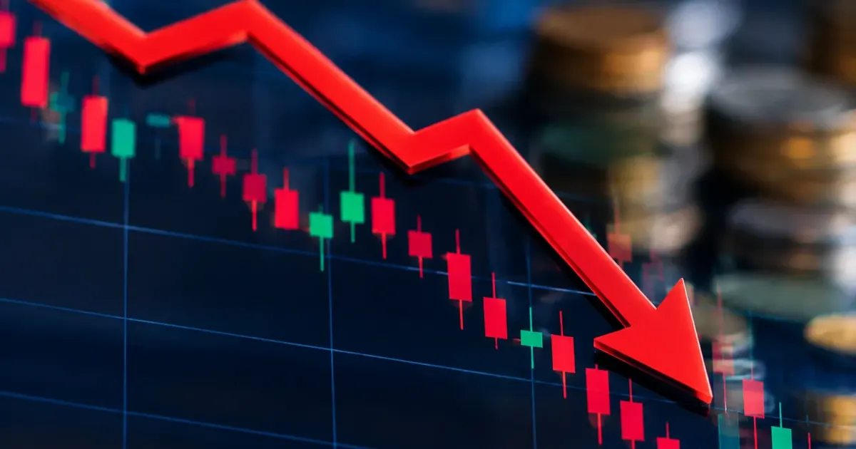 Grafico finanziario in discesa con freccia rossa puntata verso il basso