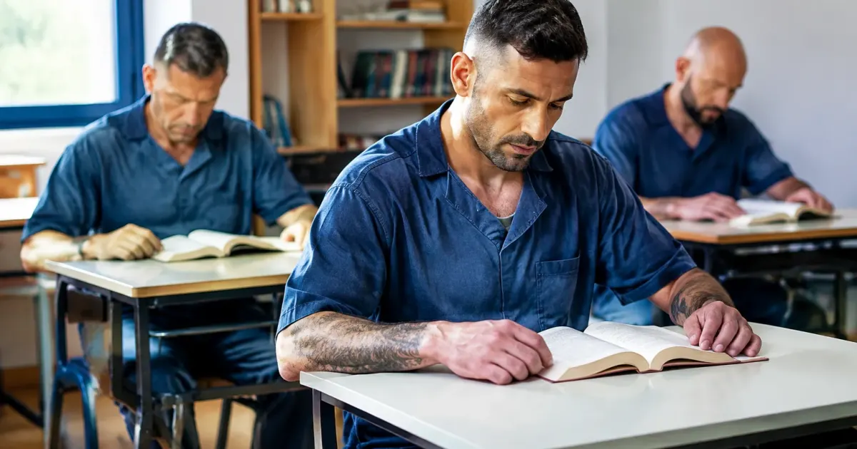 Detenuti seduti leggono libri aperti ai banchi scolastici