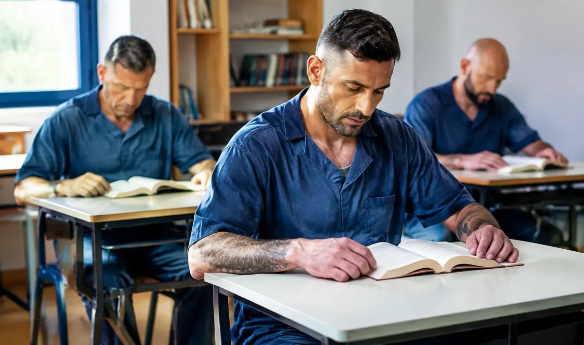 Detenuti seduti leggono libri aperti ai banchi scolastici