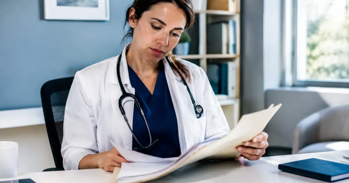 Medico seduto alla scrivania consulta cartella clinica paziente