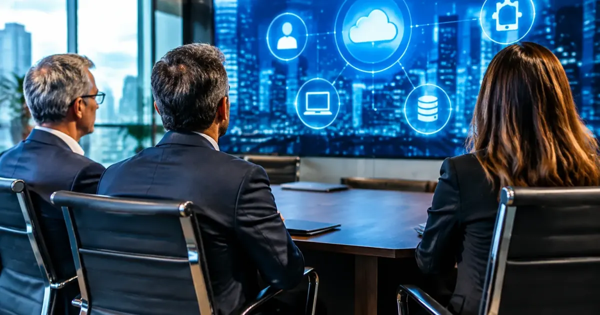 Dirigenti televisivi seduti di fronte a simboli digitali sullo schermo.