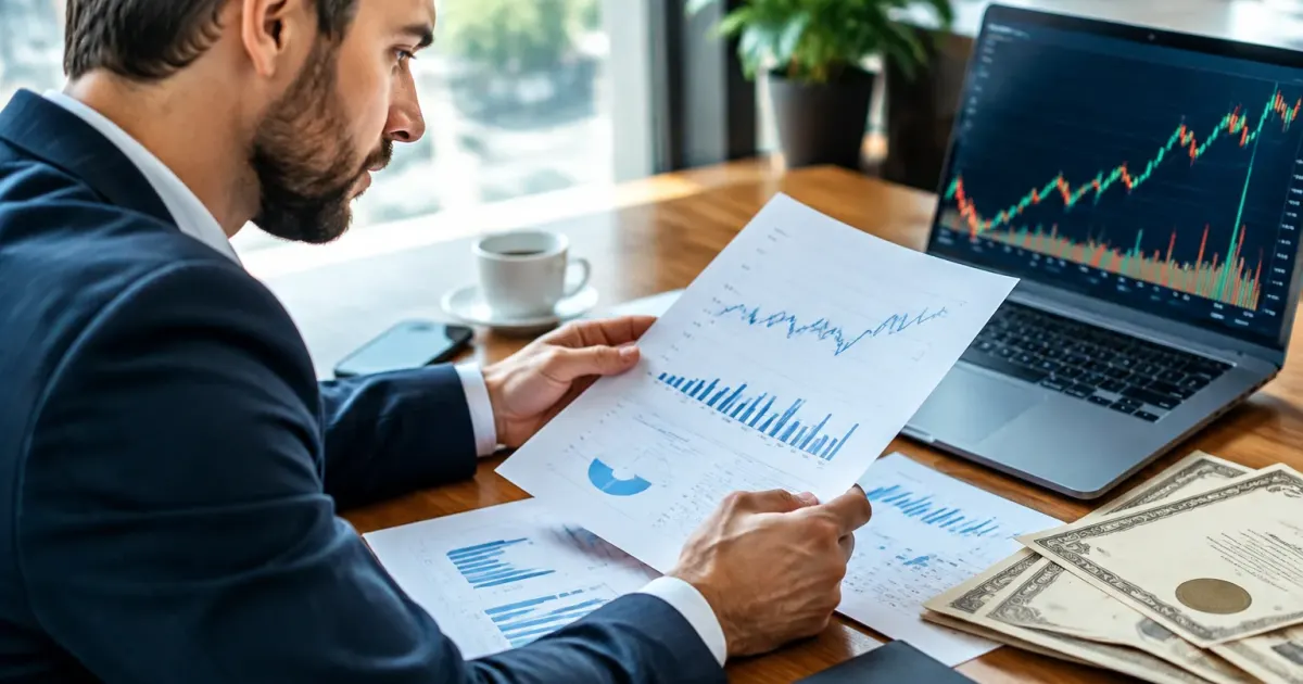 Investitore esamina grafici finanziari e certificati azionari su scrivania