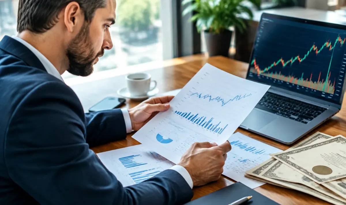 Investitore esamina grafici finanziari e certificati azionari su scrivania