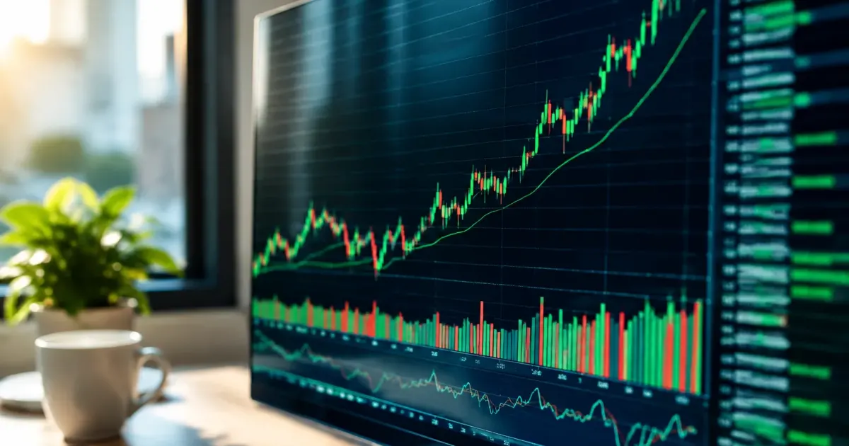 Schermo di borsa con indici in rialzo e numeri verdi