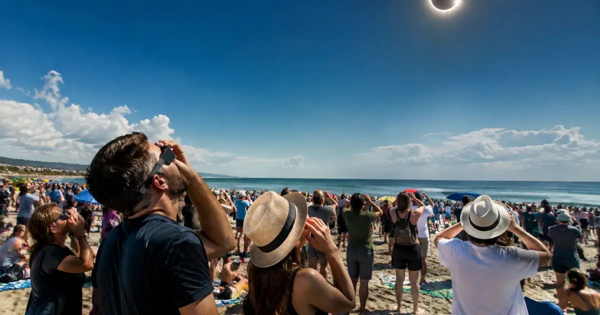 Folla di persone rivolte verso il cielo durante eclissi solare su spiaggia italiana