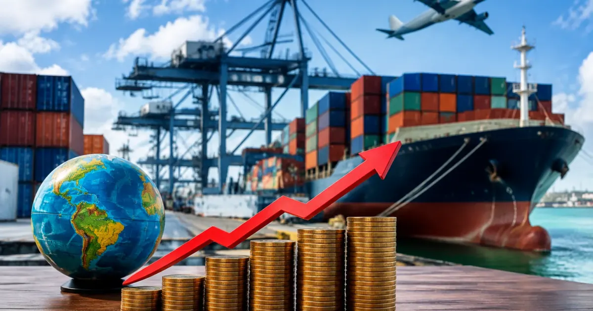 Grafico con frecce ascendenti mostra commercio internazionale in espansione