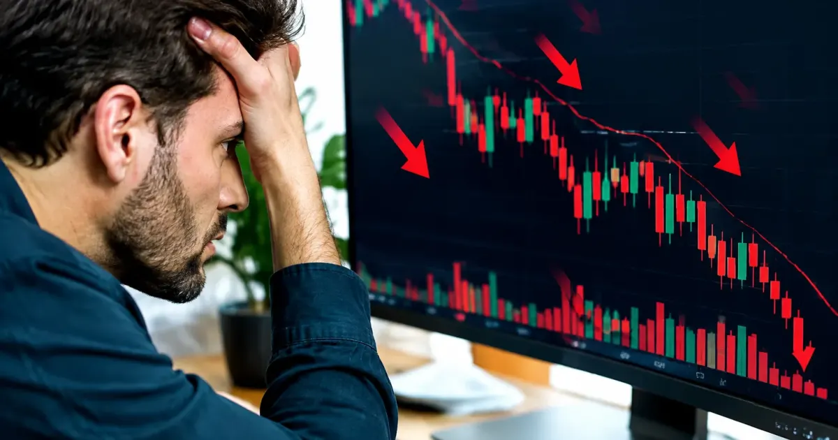 Schermo finanziario mostra grafici in calo con frecce rosse puntate verso il basso