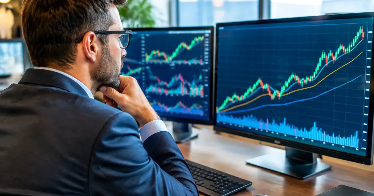 Operatore finanziario segue curve rialziste su schermi illuminati