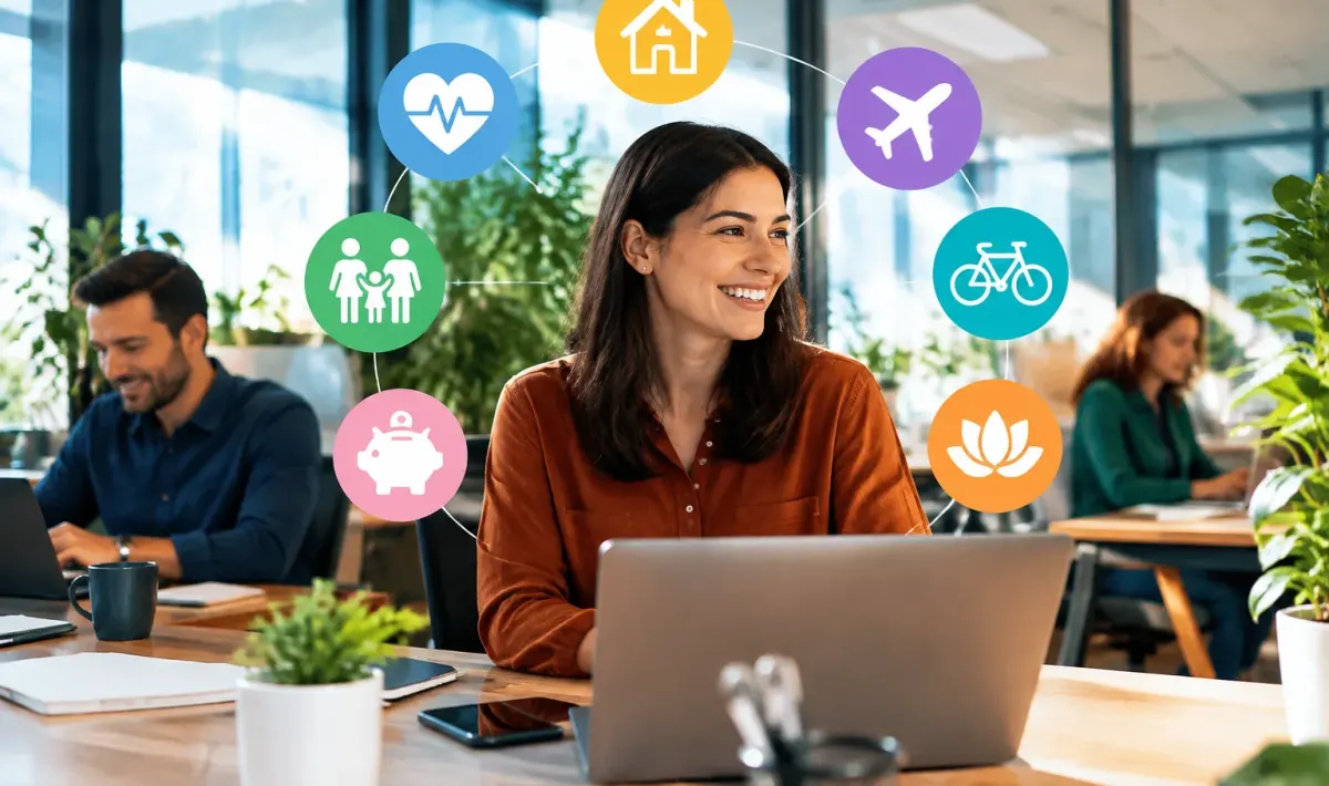 Ufficio moderno con dipendenti seduti ai desk circondati da simboli welfare