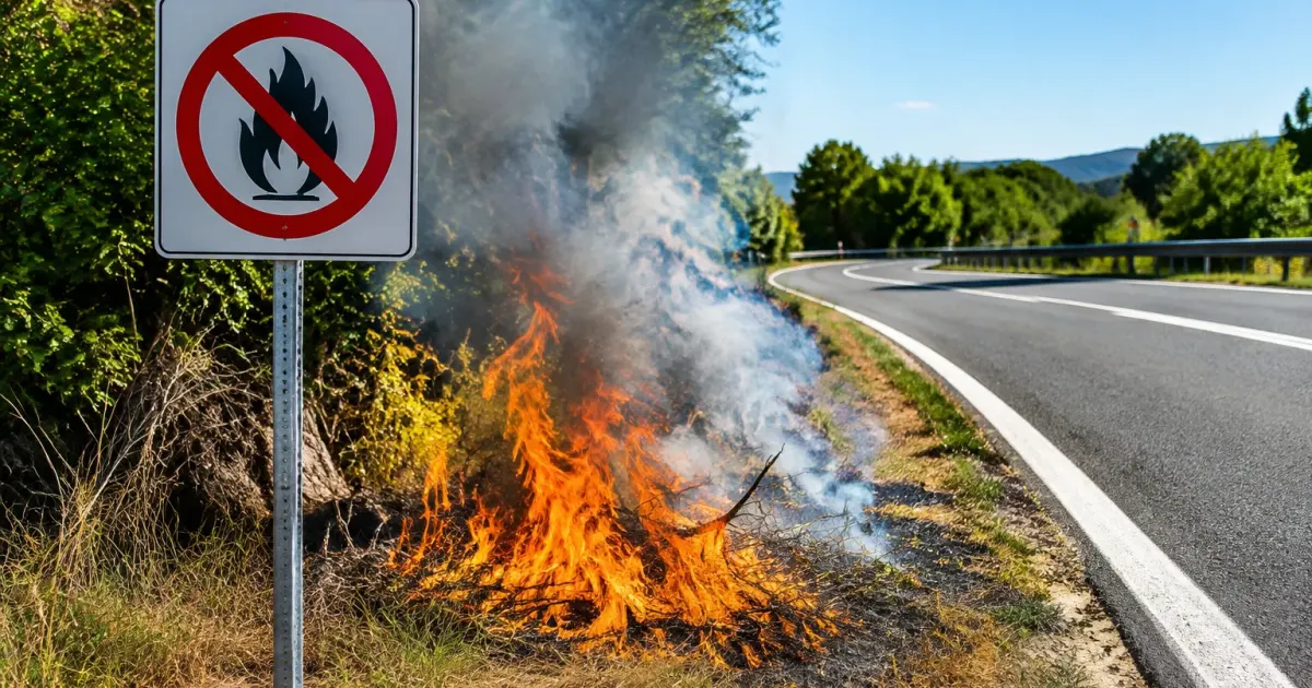 Fuoco acceso vicino al ciglio della strada con cartello multa