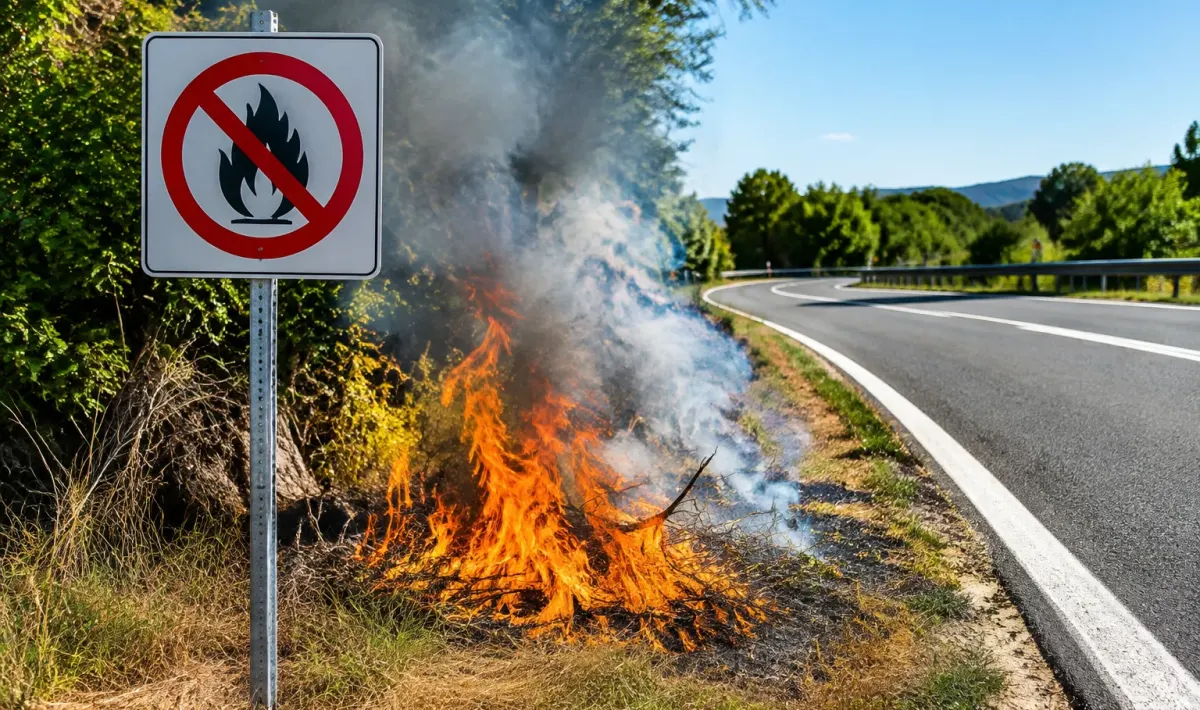 Fuoco acceso vicino al ciglio della strada con cartello multa