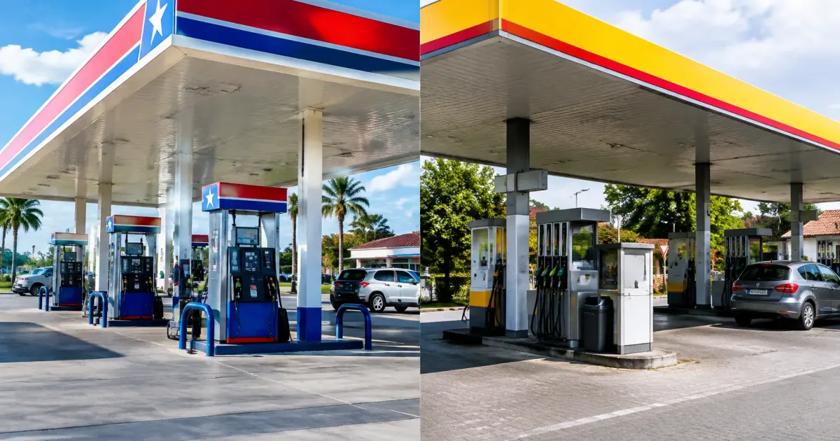 Pompe di benzina americana accanto europea confronto prezzi verticale