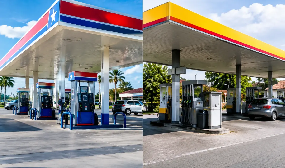 Pompe di benzina americana accanto europea confronto prezzi verticale
