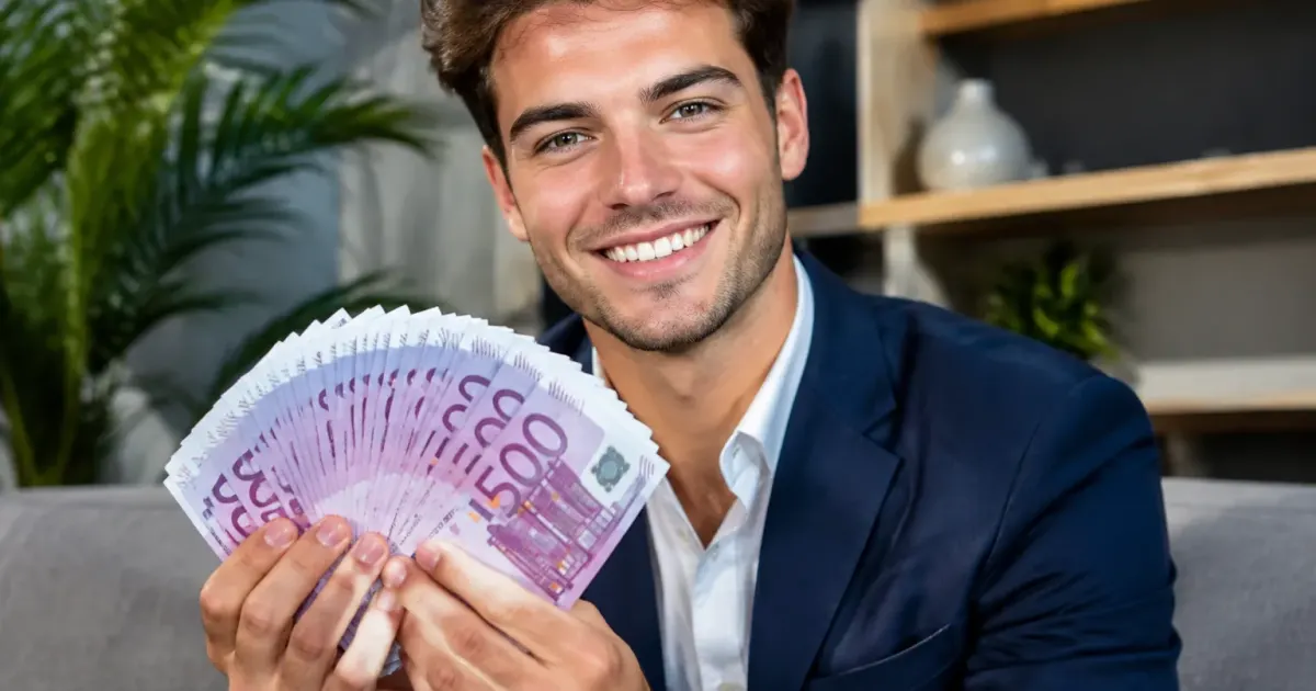Giovane adulto tiene banconote da quindicimila euro tra le mani