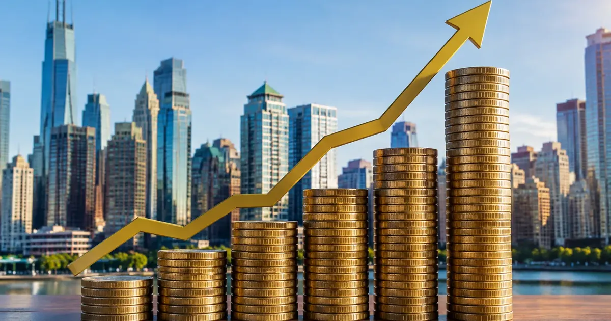 Grafici finanziari in crescita verticale con skyline urbano sullo sfondo