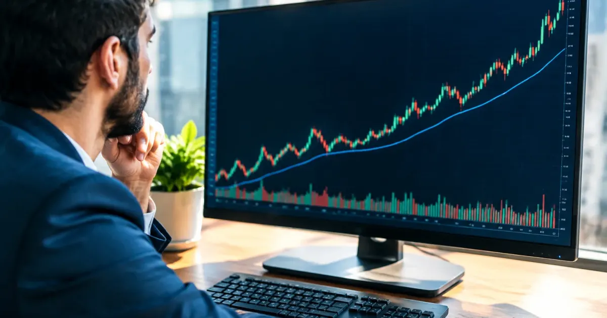 Grafico finanziario in marcato rialzo su monitor