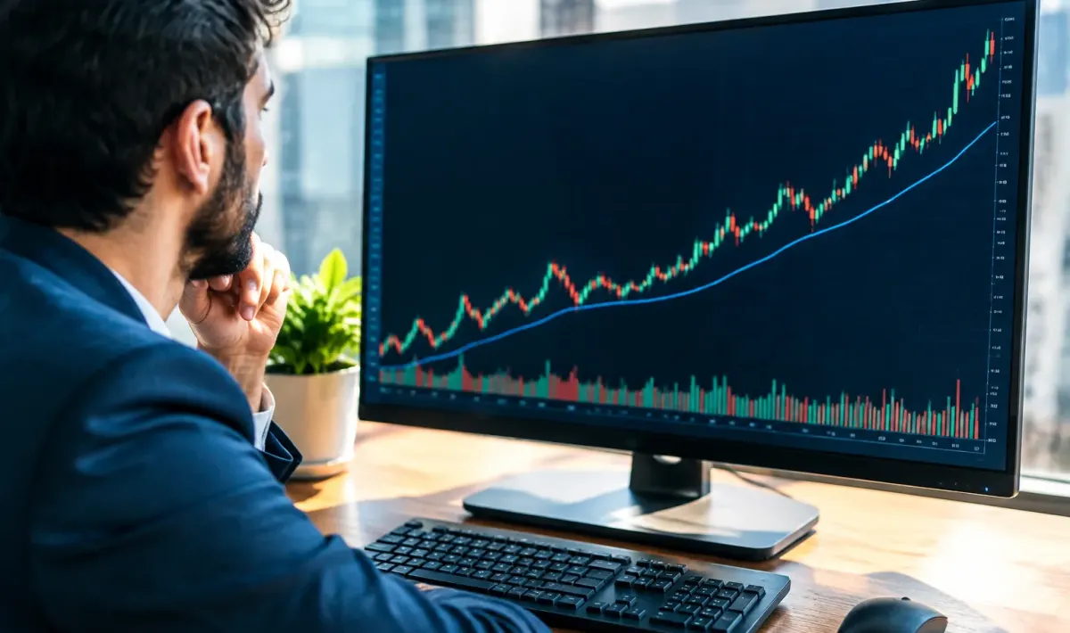 Grafico finanziario in marcato rialzo su monitor