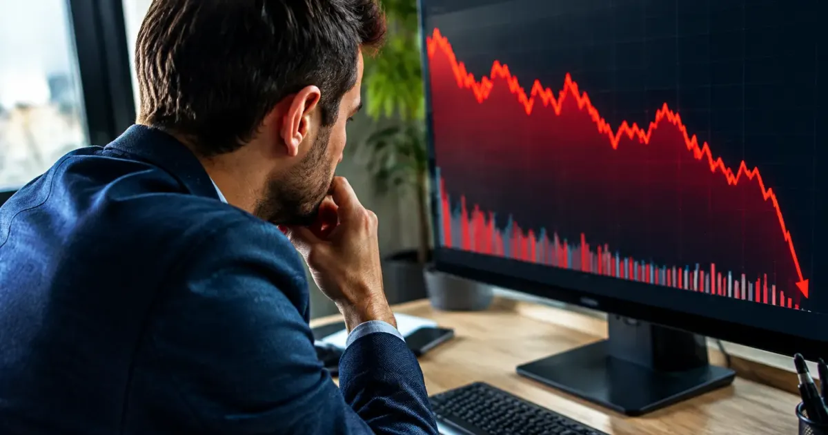 Professionista davanti schermo osserva grafico finanziario rosso discendente