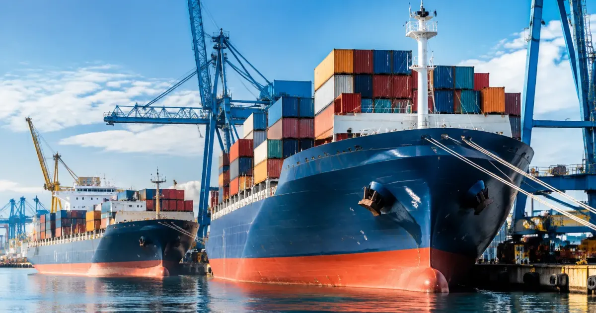 Grandi mercantili container ancorate presso cantiere navale