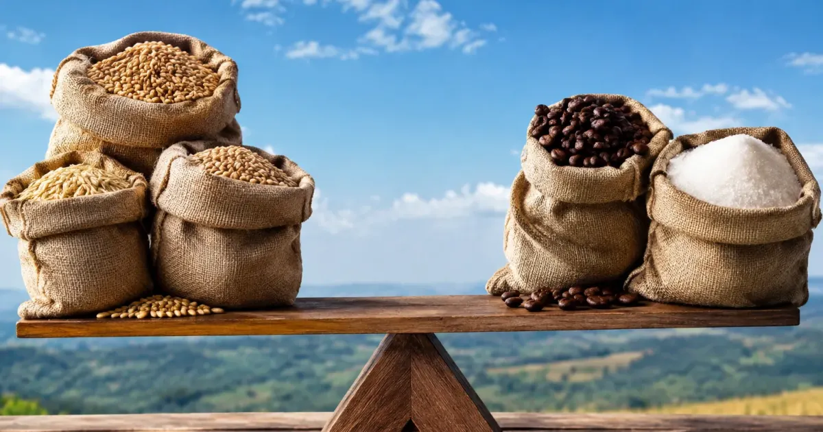 Sacchi di grano, caffè e zucchero disposti su bilancia in rialzo