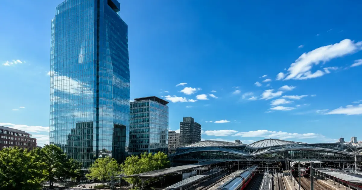 Grattacielo contemporaneo di vetro accanto a stazione ferroviaria